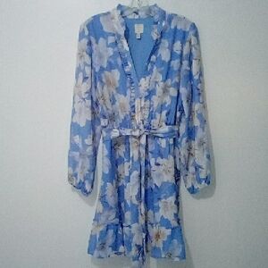 Joie Blue Ruffled V-neck Floral Tie Waist Midi Dress